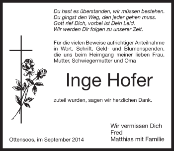 Traueranzeige von Inge Hofer von Pegnitz-Zeitung